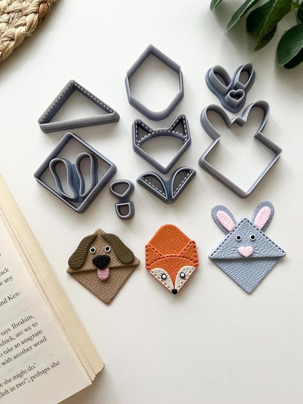 Animal Corner Bookmark Polymer Clay Embossed Cutter Set, Fox, Bunny and Dog Designs, 4 cm, 8pcs Set Multicolor